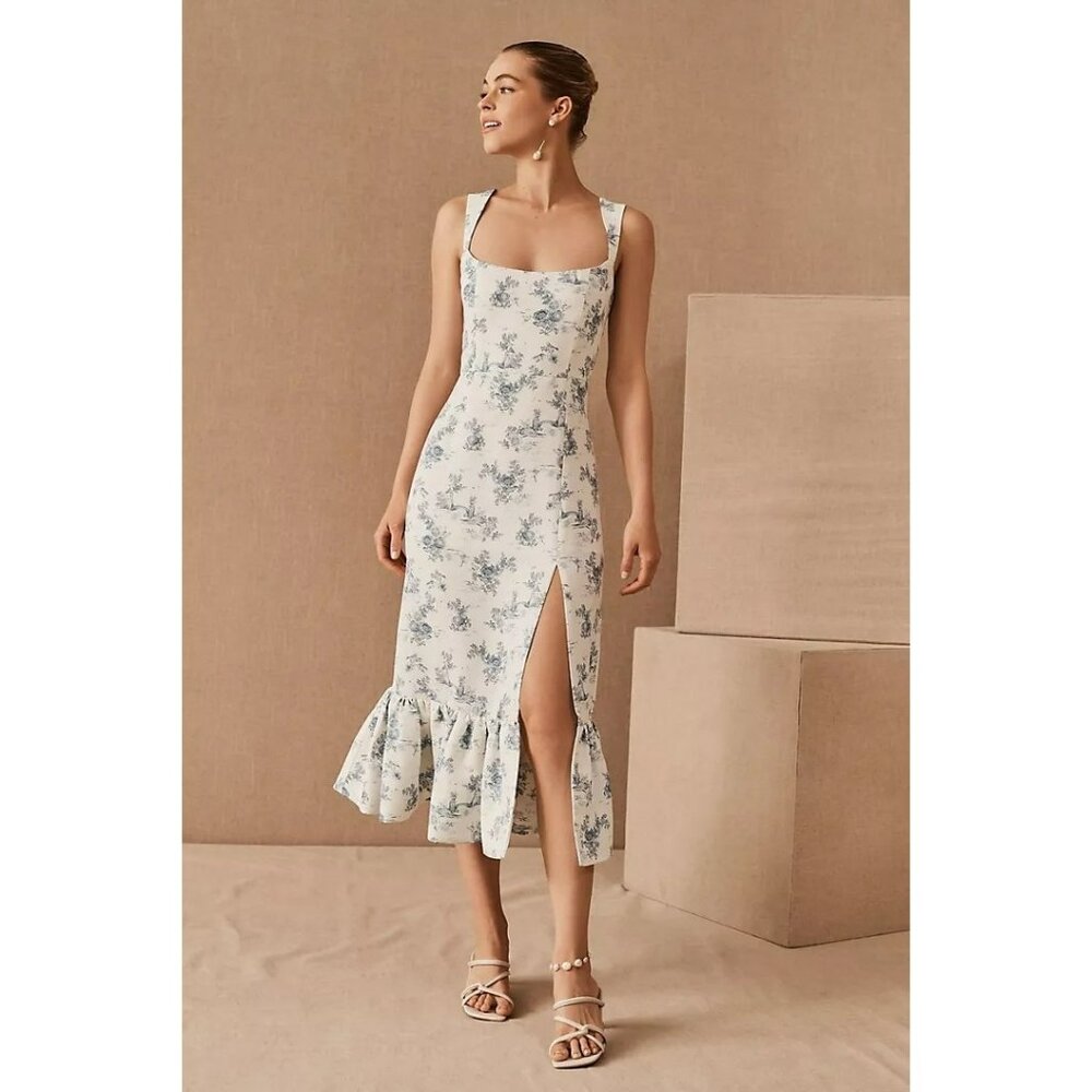 Sachin + Babi Floral Print Midi Dress in White and Blue